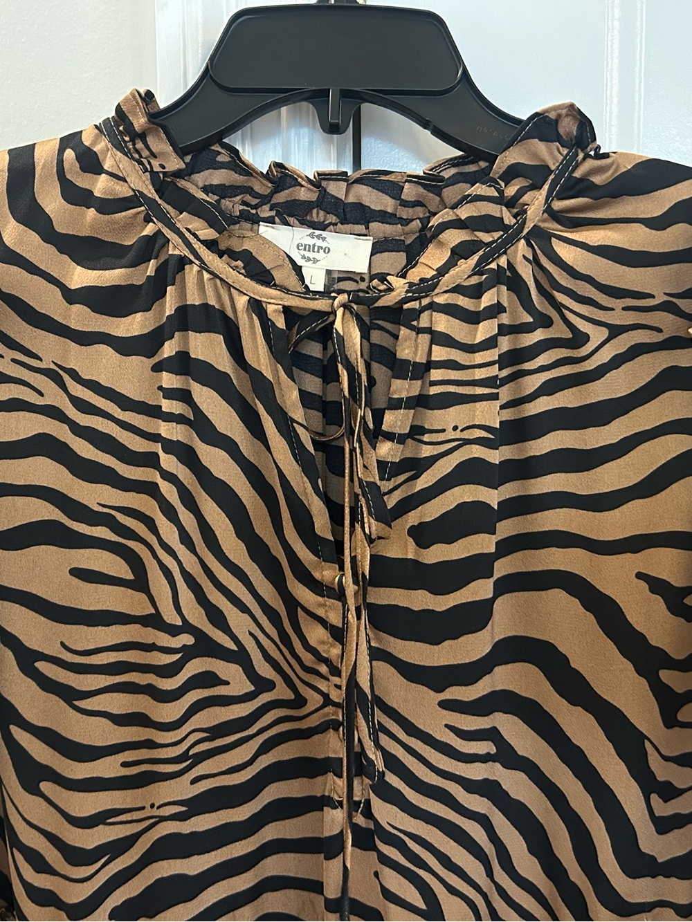 entro Tan and Black Zebra-Print Tie-Neck Blouse